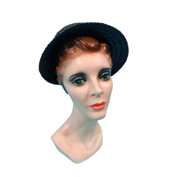 Vintage 1950s Wicker Hat Small Brim Straw Cap - Picture 2 of 10